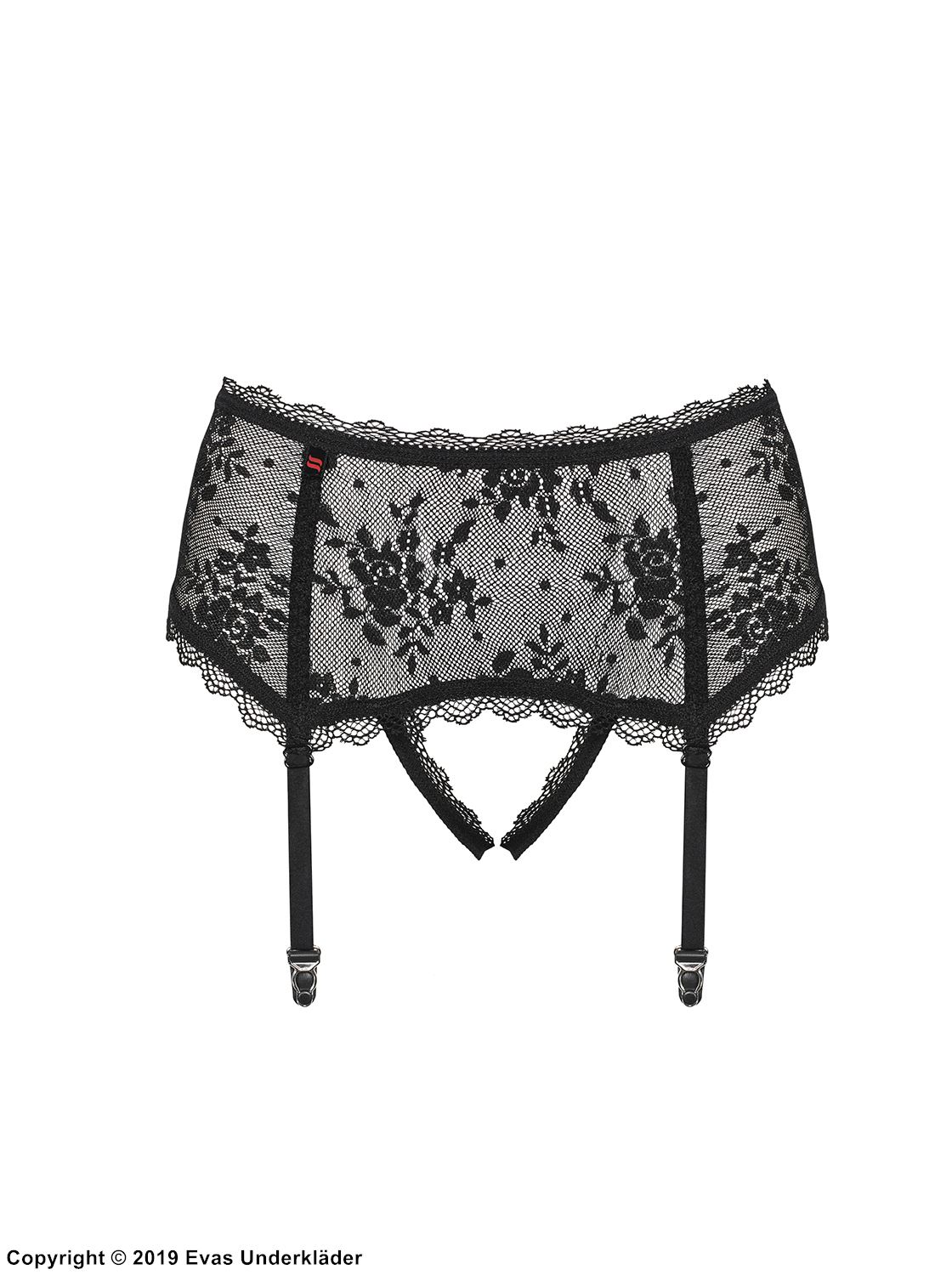 Garter belt and panty, big bow, open crotch, floral lace